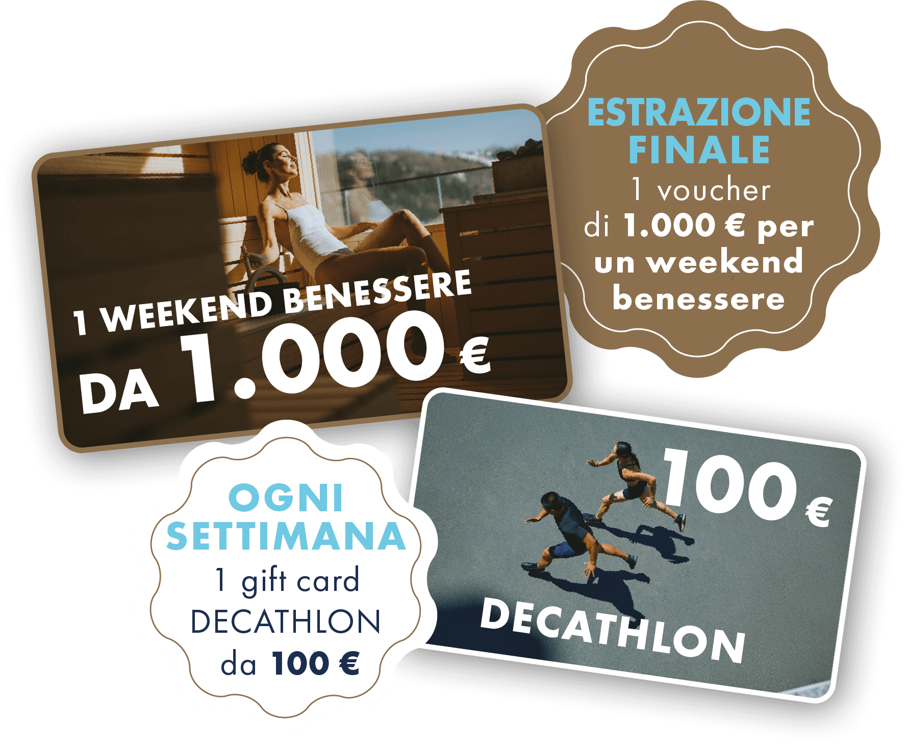 OGNI SETTIMANA UNA GIFT CARD DECATHLON DA 100€. Estrazione finale 1 voucher di 1.000€ per un weekend benessere.